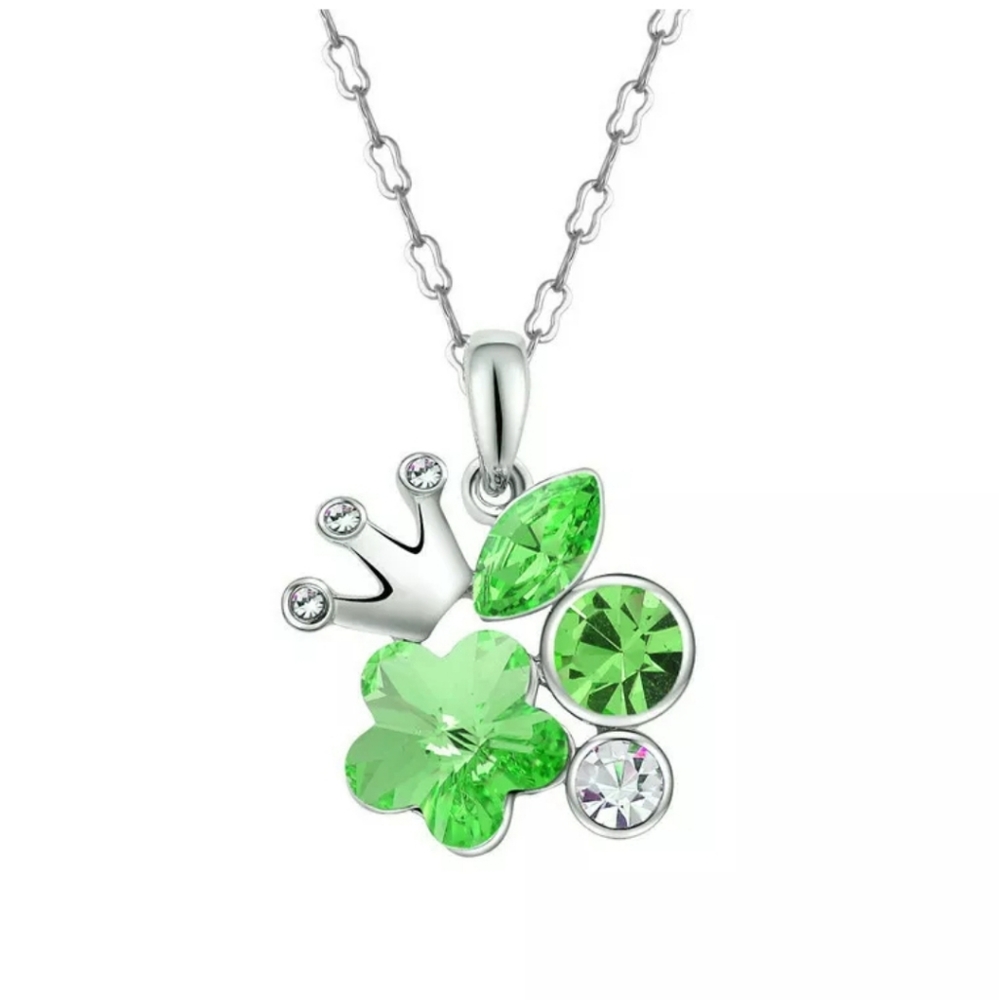 *Sale* New Silver Crown Charm Green Crystal CZ Silver Chain Necklace.